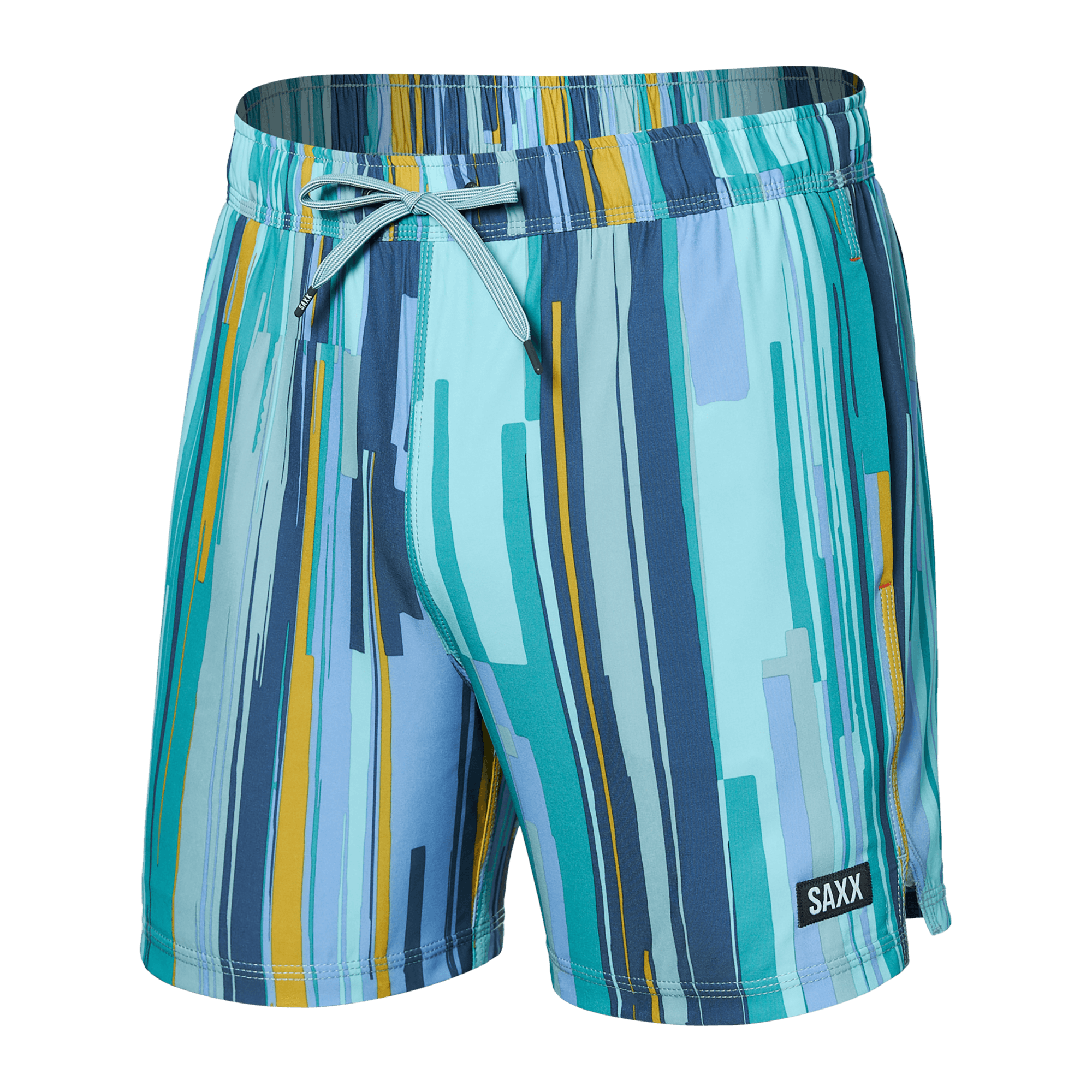Front of Oh Buoy 2N1 Swim Trunk 5" in Soft Stripe- Aqua Splash