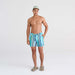 Front - Model wearing Oh Buoy 2N1 Swim Trunk 5" in Soft Stripe- Aqua Splash