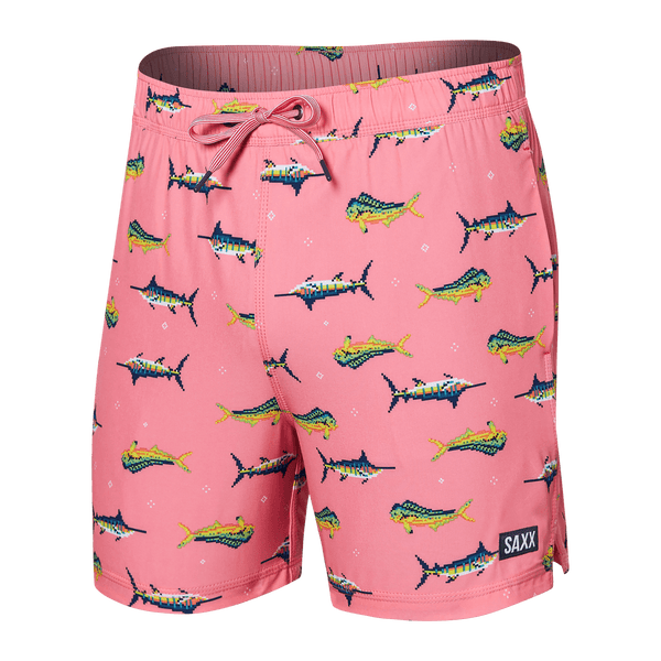 Front of Oh Buoy 2N1 Swim Trunk 5" in Trophy Catch- Flamingo
