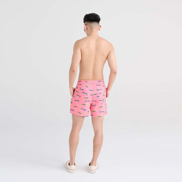 Back - Model wearing Oh Buoy 2N1 Swim Trunk 5" in Trophy Catch- Flamingo