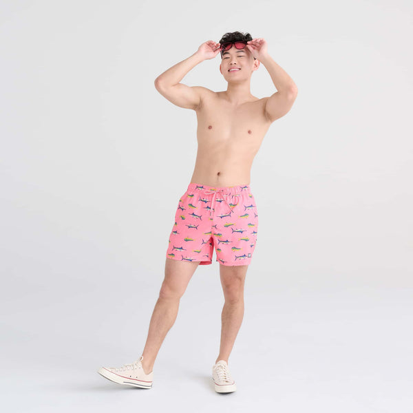 Front - Model wearing Oh Buoy 2N1 Swim Trunk 5" in Trophy Catch- Flamingo