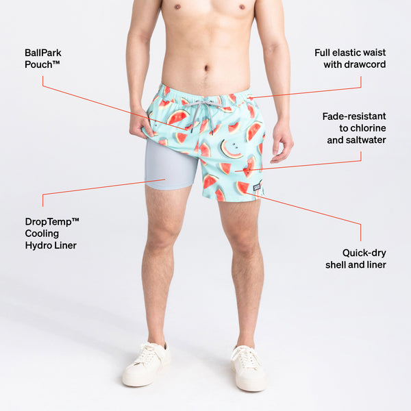 Man in watermelon print swim shorts and shoes lifting short leg to reveal liner