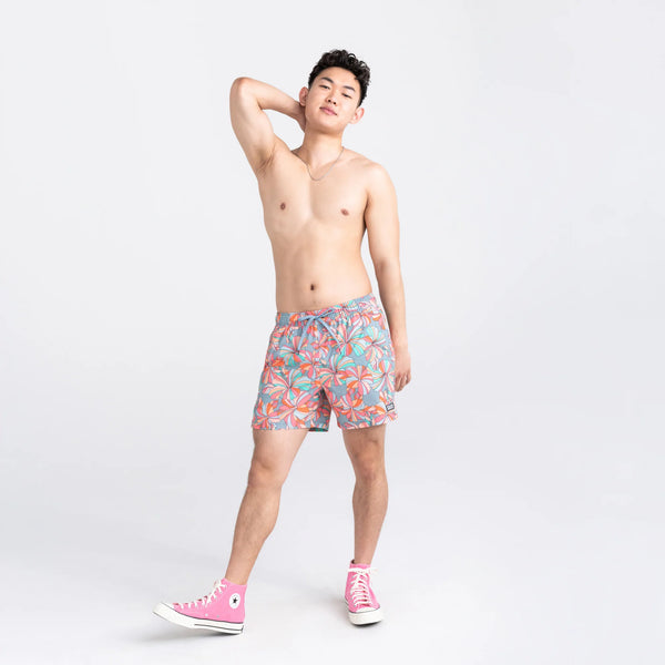 Front - Model wearing Oh Buoy 2N1 Swim Volley Short 5" in Flower Pop- Multi