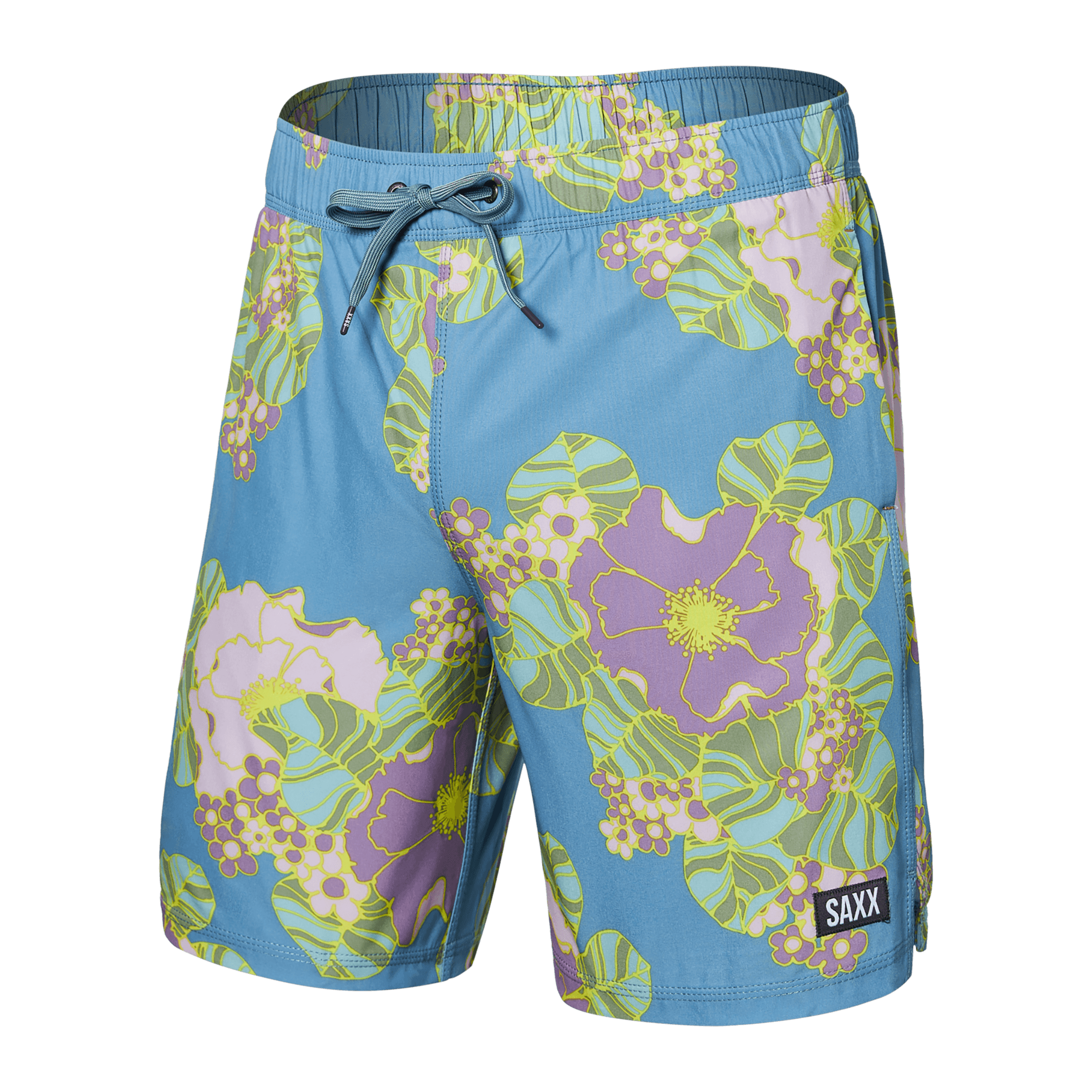 Front of Oh Buoy 2N1 Swim Trunk 7" in Big Bloom- Washed Blue