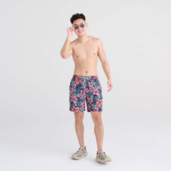 Front - Model wearing Oh Buoy 2N1 Swim Trunk 7" in Deep Jungle- Maritime