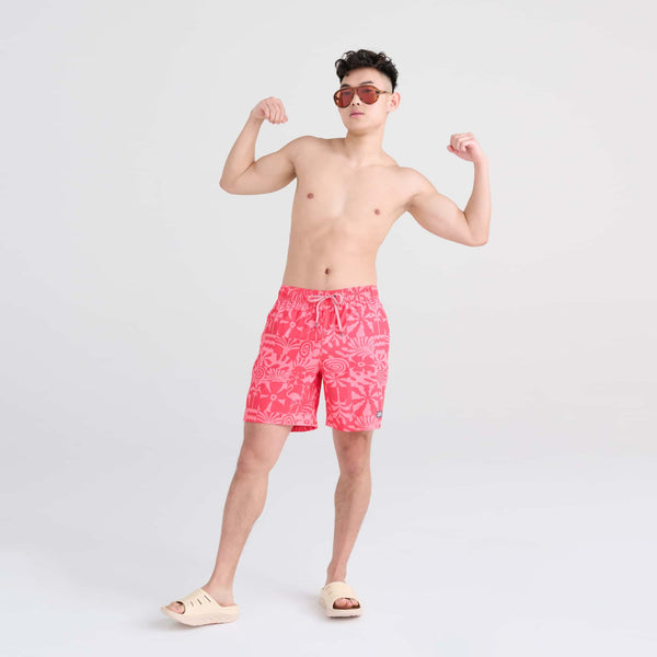 Front - Model wearing Oh Buoy 2N1 Swim Trunk 7" in East Coast- Hibiscus