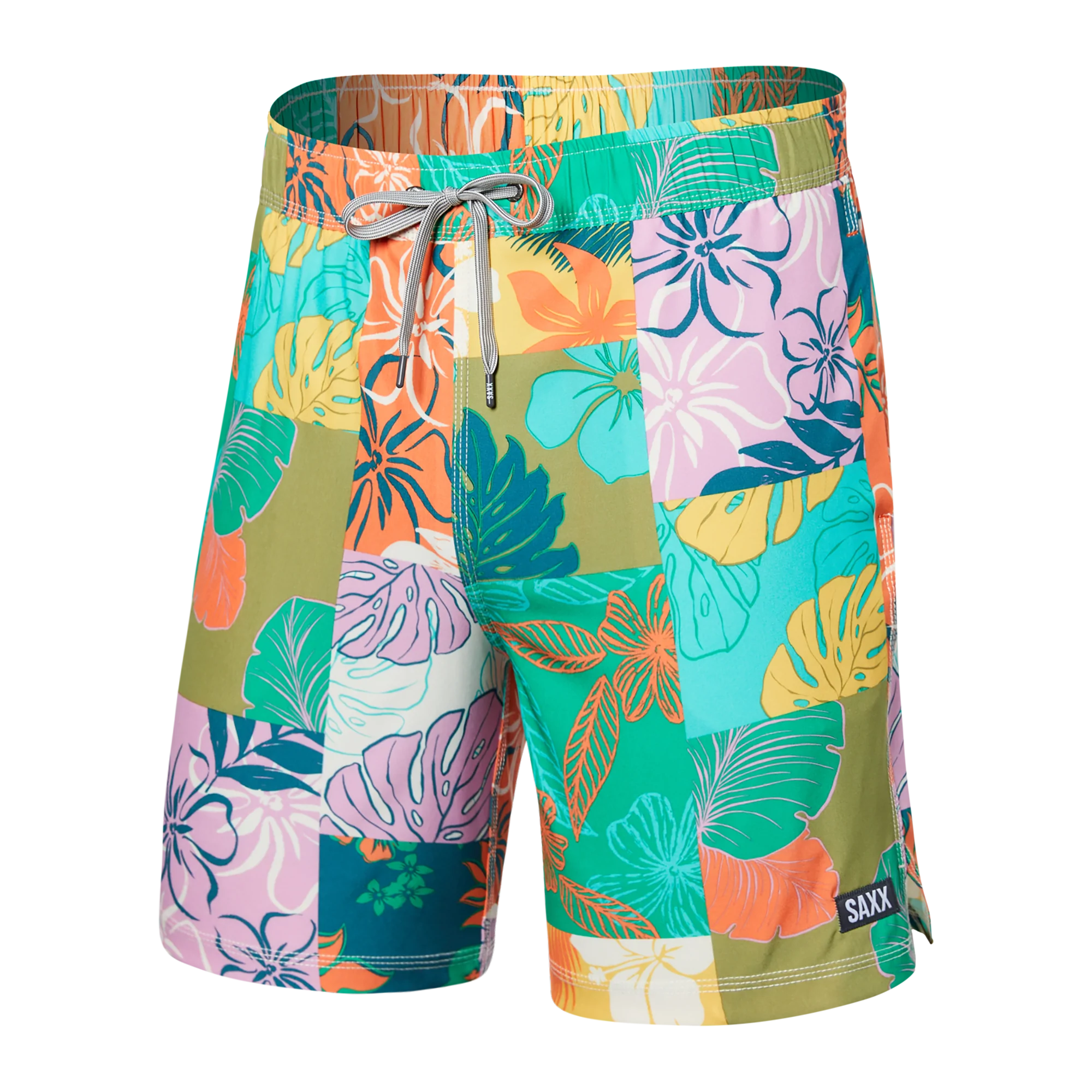 Front of Oh Buoy 2N1 Swim Volley Short 7" in Island Patchwork- Multi