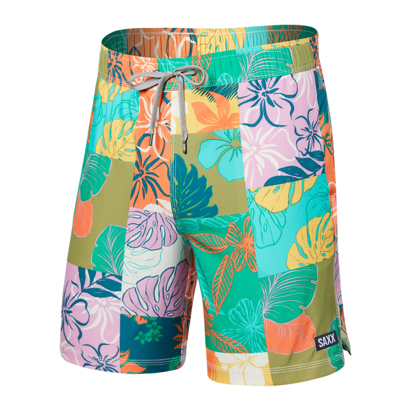 Front of Oh Buoy 2N1 Swim Volley Short 7" in Island Patchwork- Multi