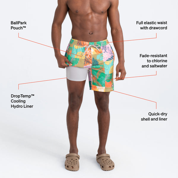 Man in multi-colored floral swim shorts and sandals lifting short leg to reveal liner