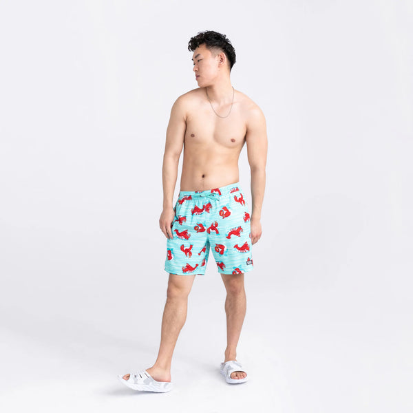 Front - Model wearing Oh Buoy 2N1 Swim Volley Short 7" in Lobster Lounger- Aqua
