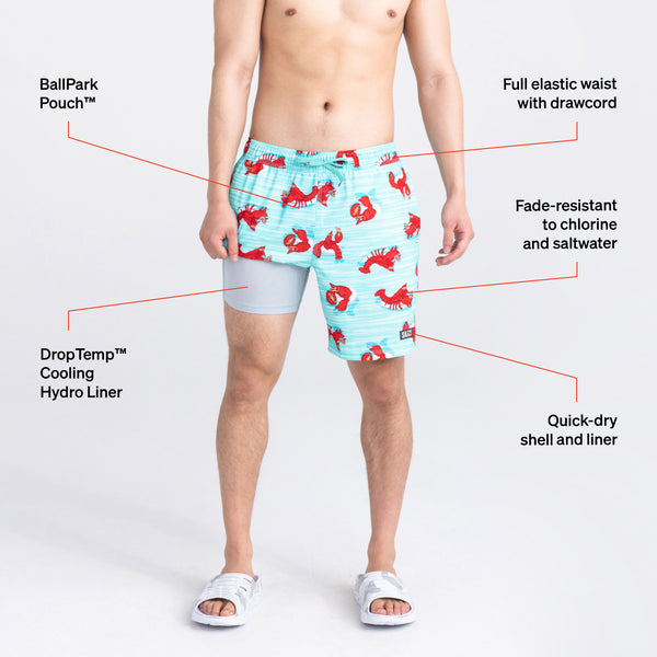 Man in lobster print swim shorts and red shoes lifting short leg to reveal liner