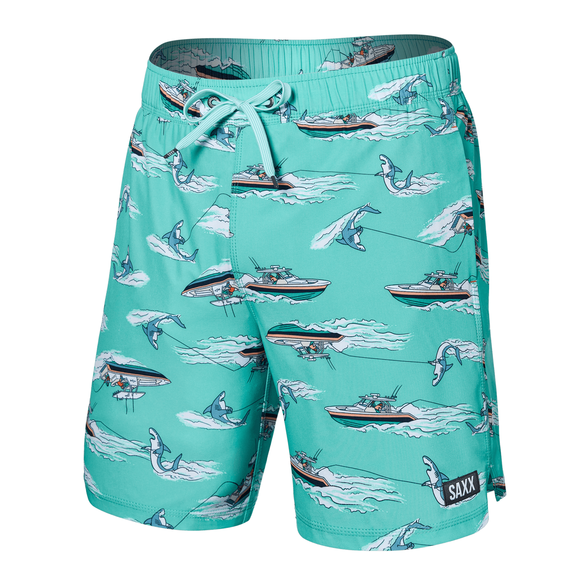 Front of Oh Buoy 2N1 Swim Trunk 7" in Sharkski- Turquoise