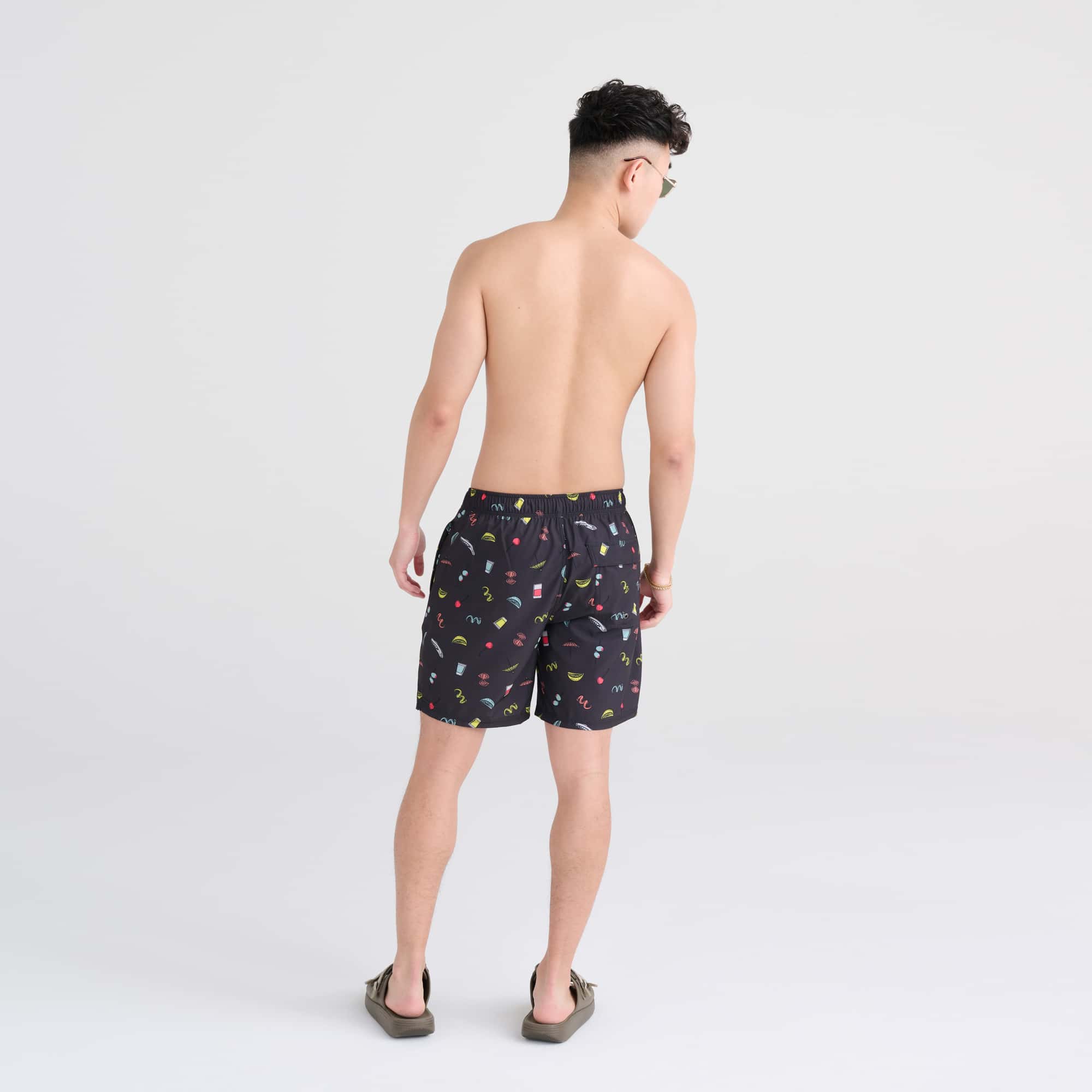 Back - Model wearing Oh Buoy 2N1 Swim Trunk 7" in Twists and Shots-Faded Blk
