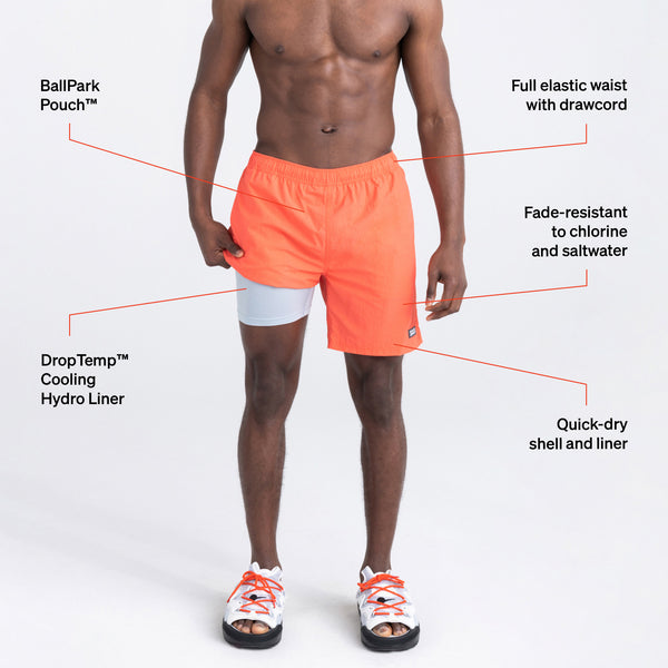 Man in orange swim shorts and sandals lifting short leg to reveal liner