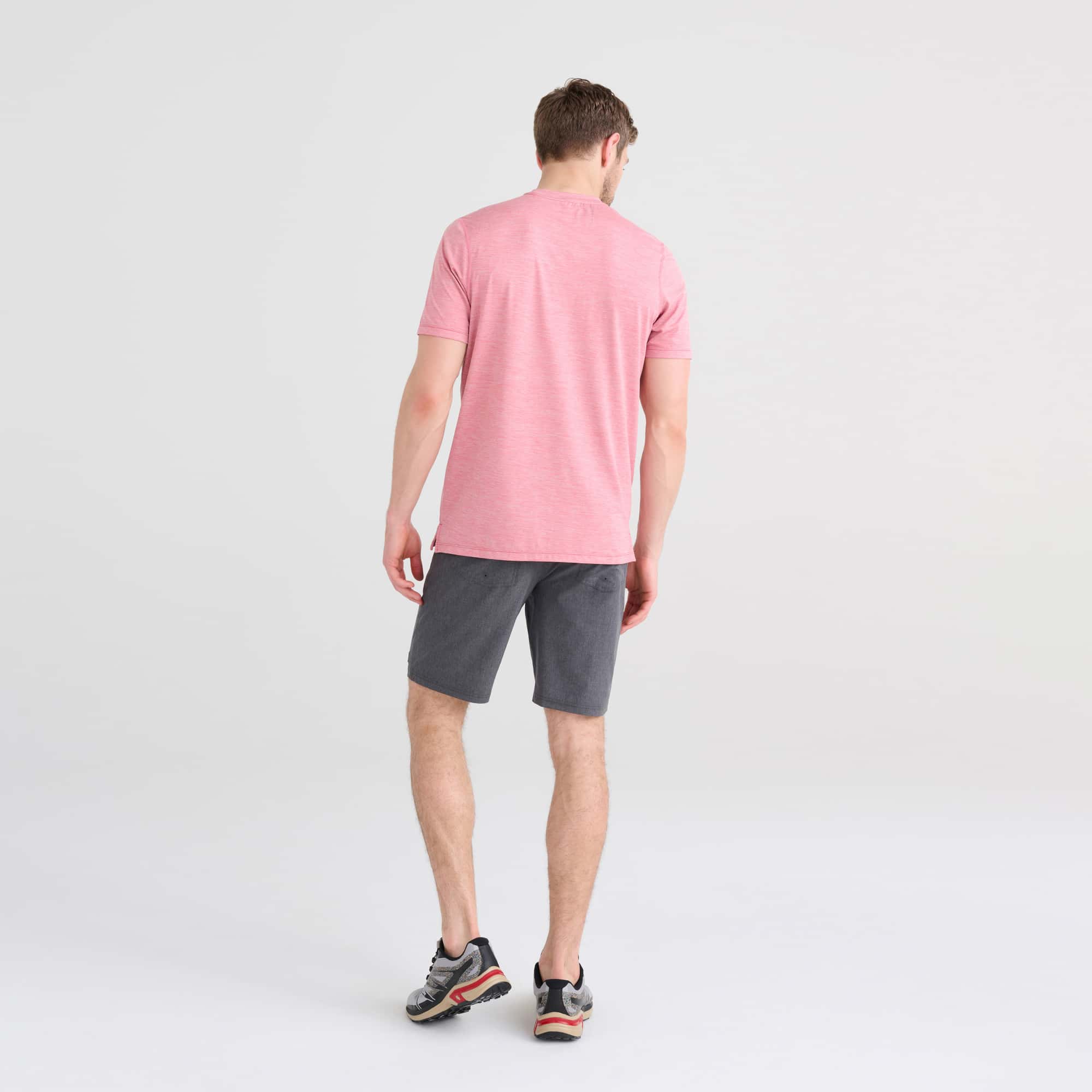 Back - Model wearing DropTemp All Day Cooling Short Sleeve Tee in Gumball Heather