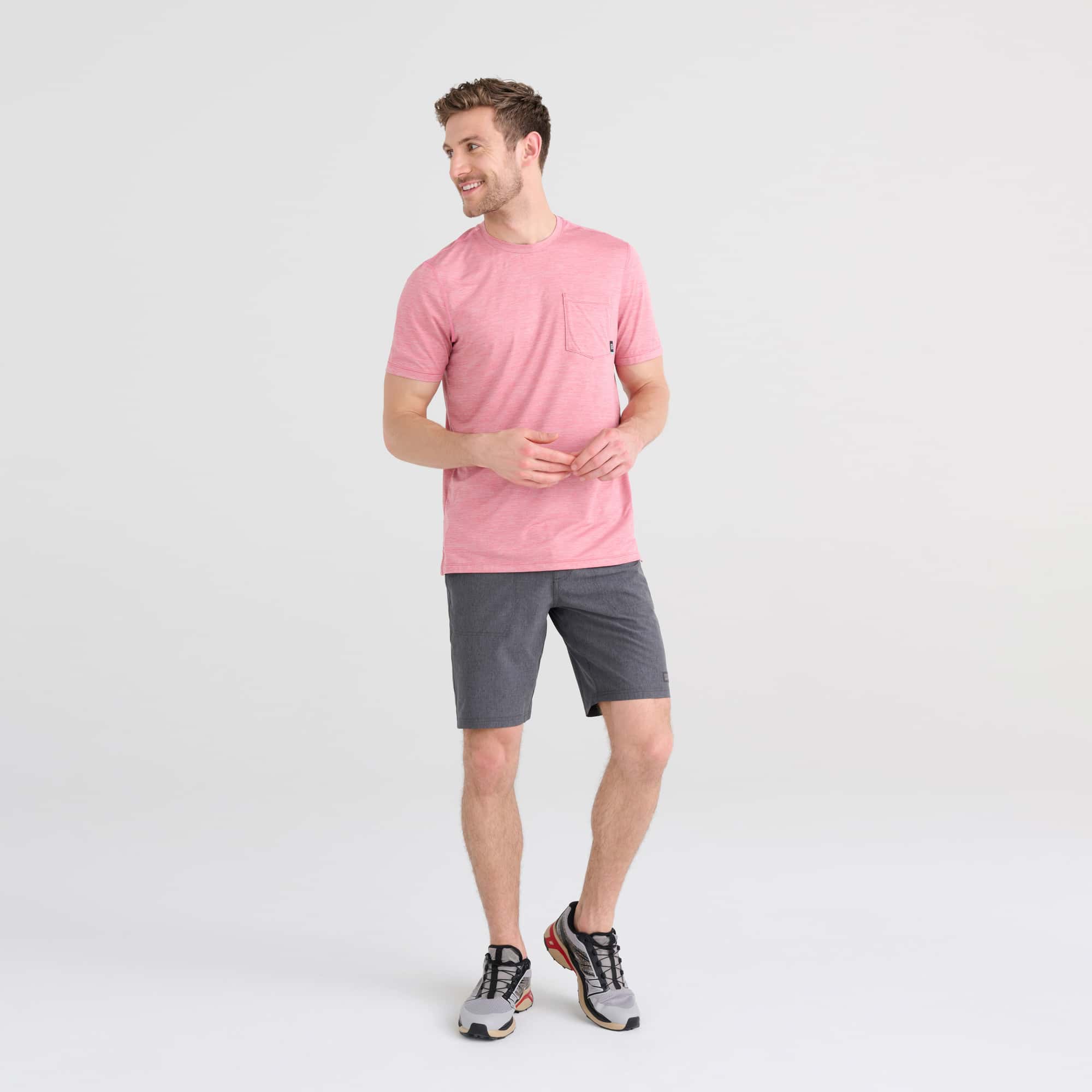 Front - Model wearing DropTemp All Day Cooling Short Sleeve Tee in Gumball Heather