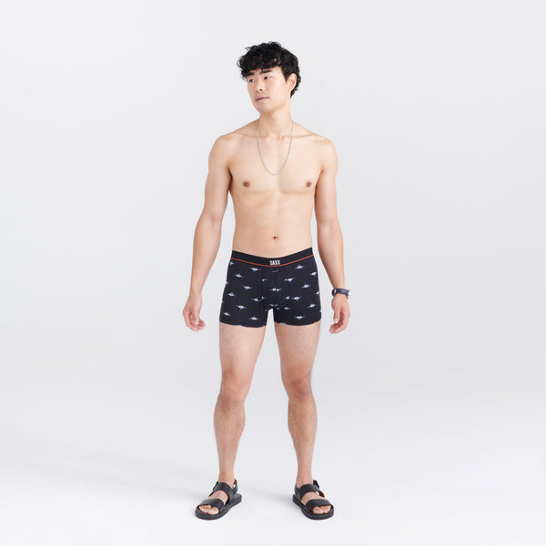 Front - Model wearing Non-Stop Stretch Cotton Trunk Fly in Mini Predator- Black