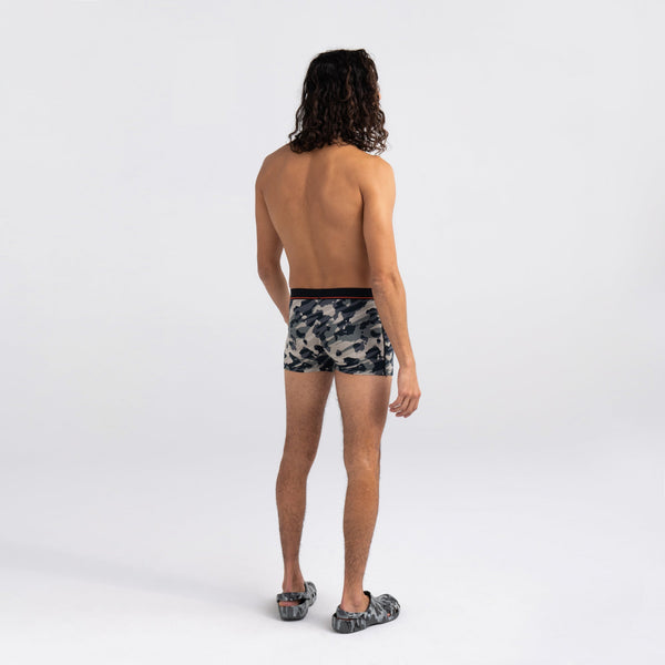 Back - Model wearing Non-Stop Stretch Cotton Trunk in Pop Grunge Camo- Graphite
